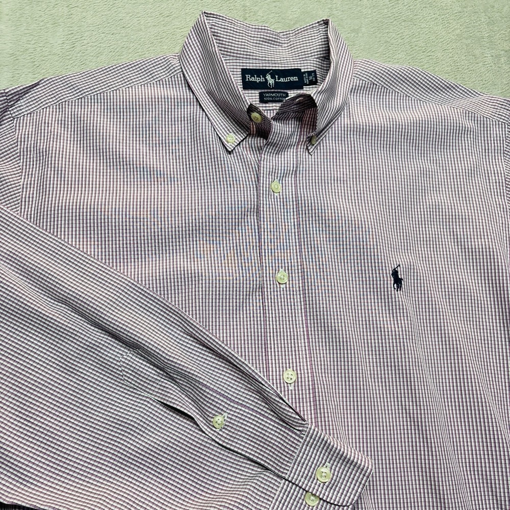 VTG Ralph Lauren YARMOUTH Mens Shirt 16 34/35 Pink Black Plaid Button‎ Down L/S